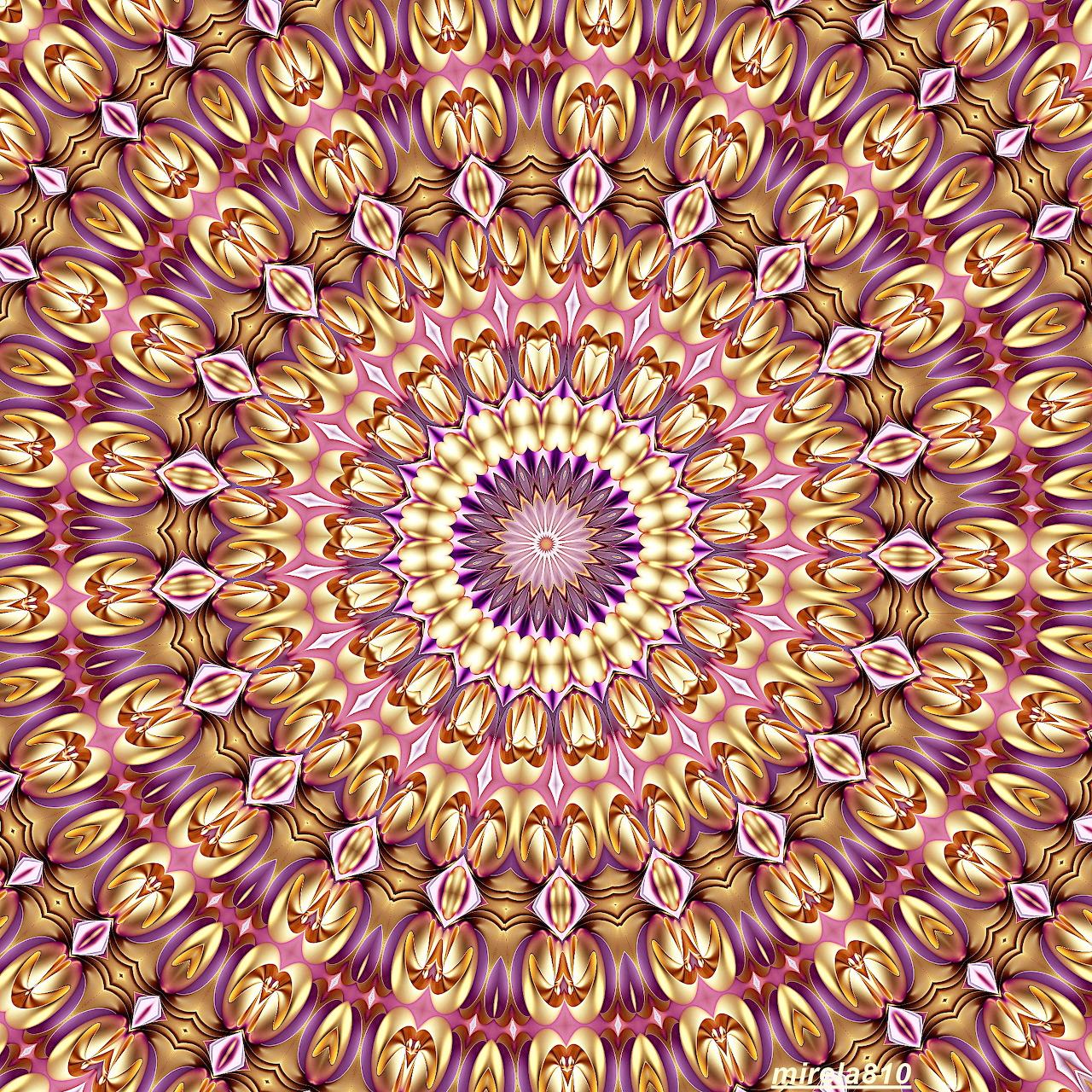 Symmetrical mandala with golden ornate patterns on purple and pink gradient background radiating from center
