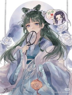 Anime girl with long green hair in traditional robes holding a wooden spoon, watercolor style with floral accents
