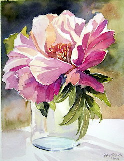 Watercolor painting of pink and white peonies in glass vase
