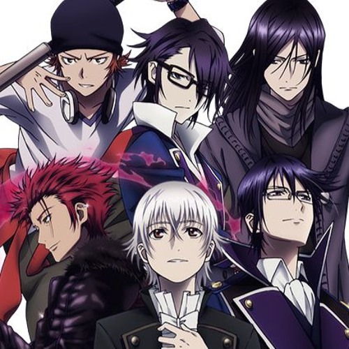 Six K Project anime characters in formal attire arranged in group portrait with varied hairstyles and serious expressions