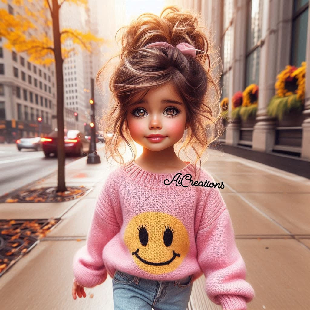 Stylized big-eyed girl in a pink smiley sweater standing on a city sidewalk
