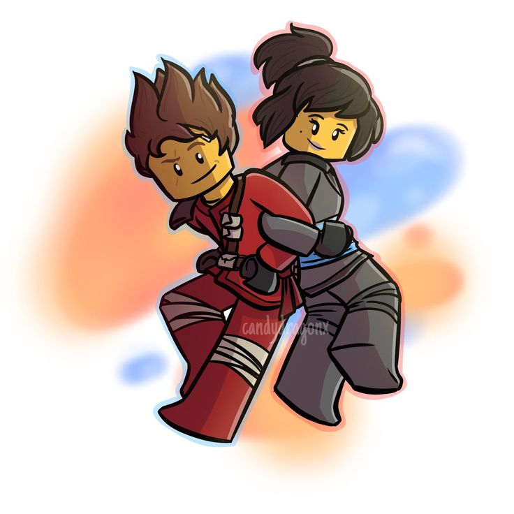 LEGO Ninjago fan art showing Kai in red and Nya in gray ninja outfits standing back-to-back