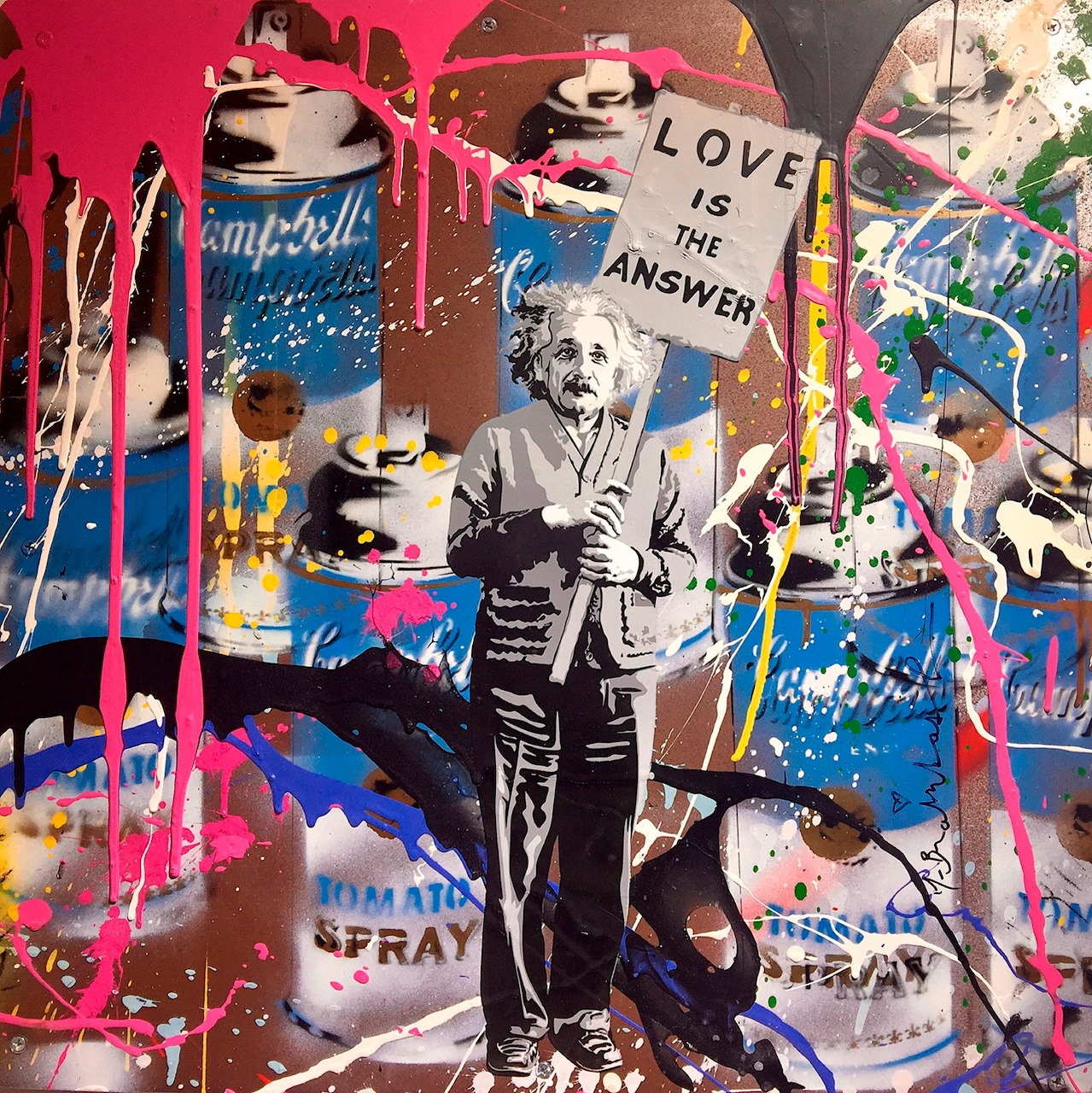 Colorful pop art collage with Einstein holding sign, surrounded by Campbell's soup cans and paint splatters