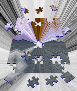 Abstract jigsaw pieces scattered over a distorted geometric background with radiating lines