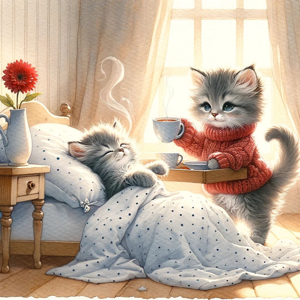 Two fluffy kittens in a cozy bedroom, with one tucked in bed and the other holding a teacup