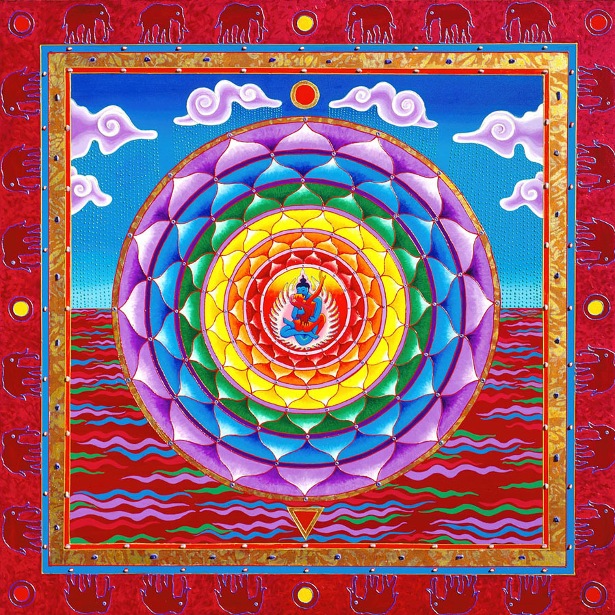 Colorful mandala with concentric circles, rainbow layers, lotus petals, and decorative border