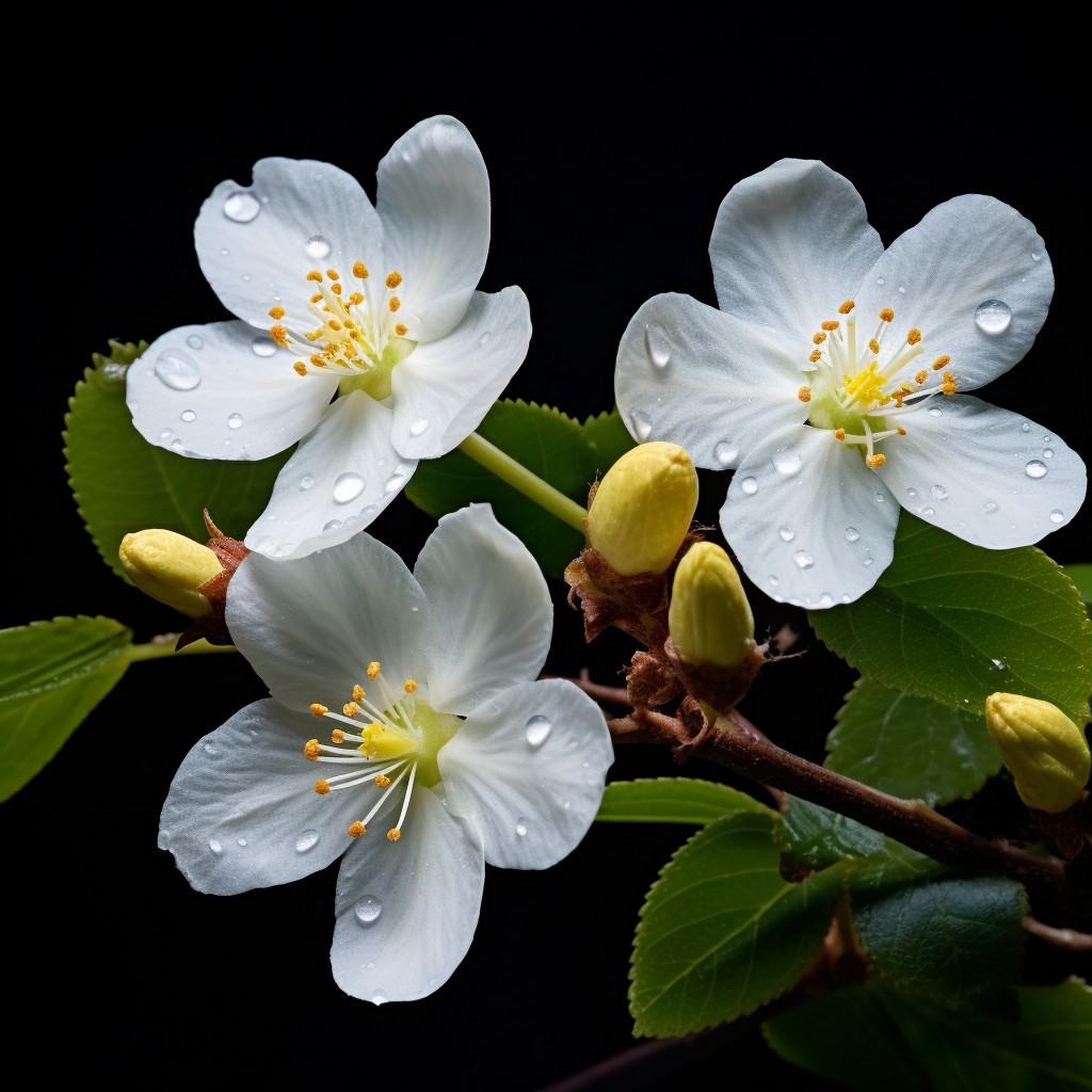 White Franklinia flowers with yellow centers and green leaves on black background