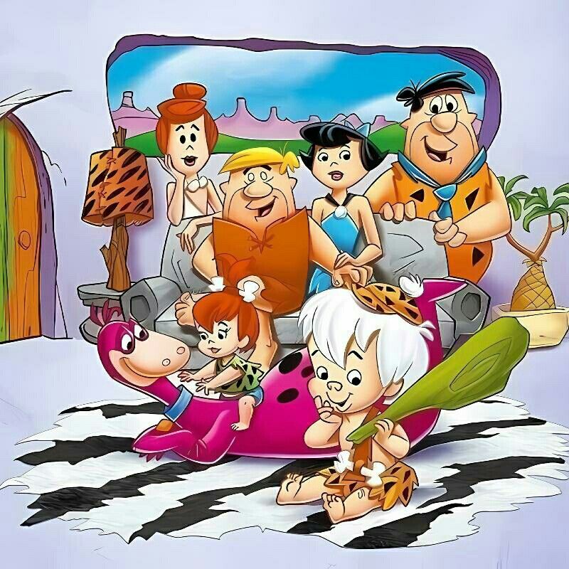 Colorful cartoon stone-age family and friends sitting together in a prehistoric living room