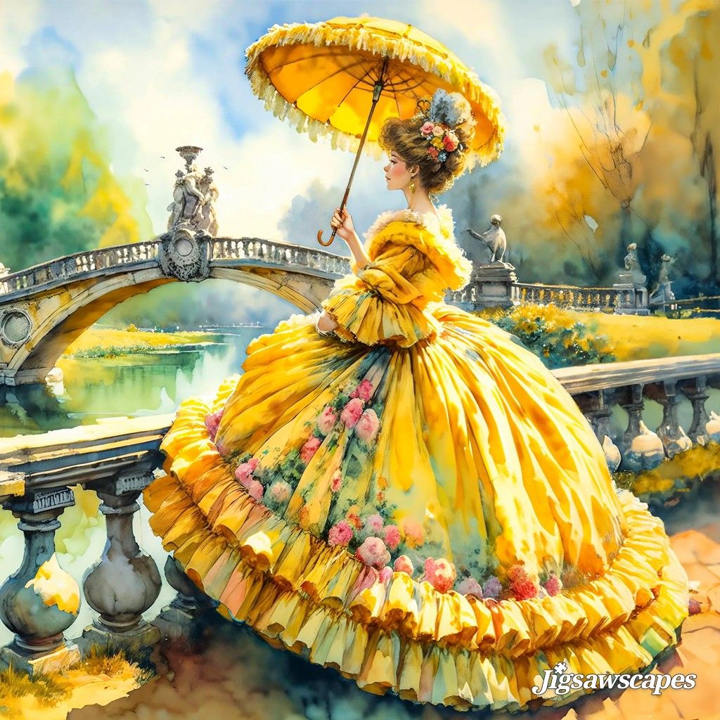 Woman in yellow Victorian dress with parasol on decorative bridge, watercolor style