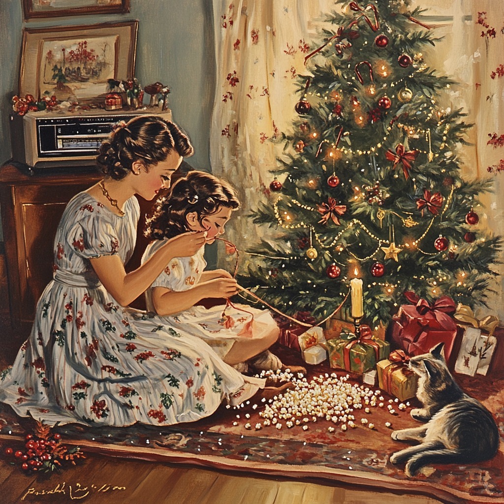 Painting of a woman and child by a decorated Christmas tree with presents and a sleeping cat
