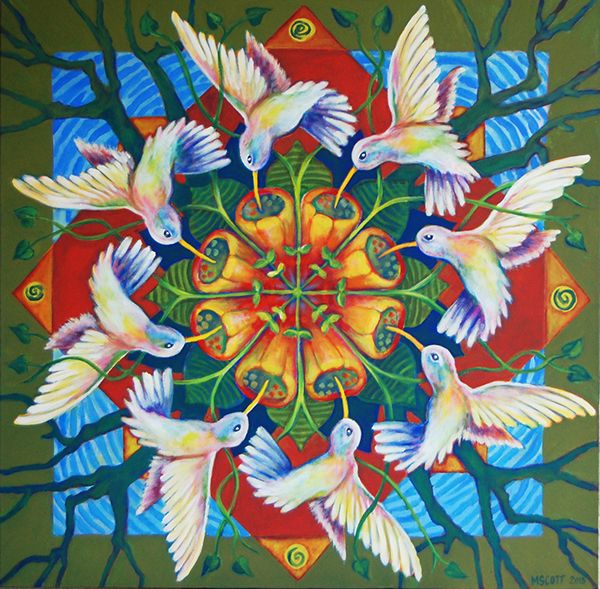 Symmetrical mandala art with white hummingbirds, blue butterflies, and golden center on green geometric background