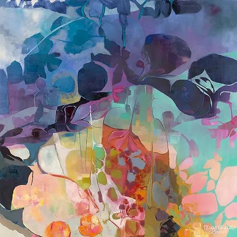 Abstract acrylic painting with organic shapes in blue, purple, pink, and orange tones