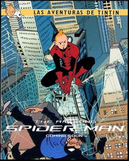 Tintin in Spider-Man costume swinging between skyscrapers, styled as The Amazing Spider-Man poster