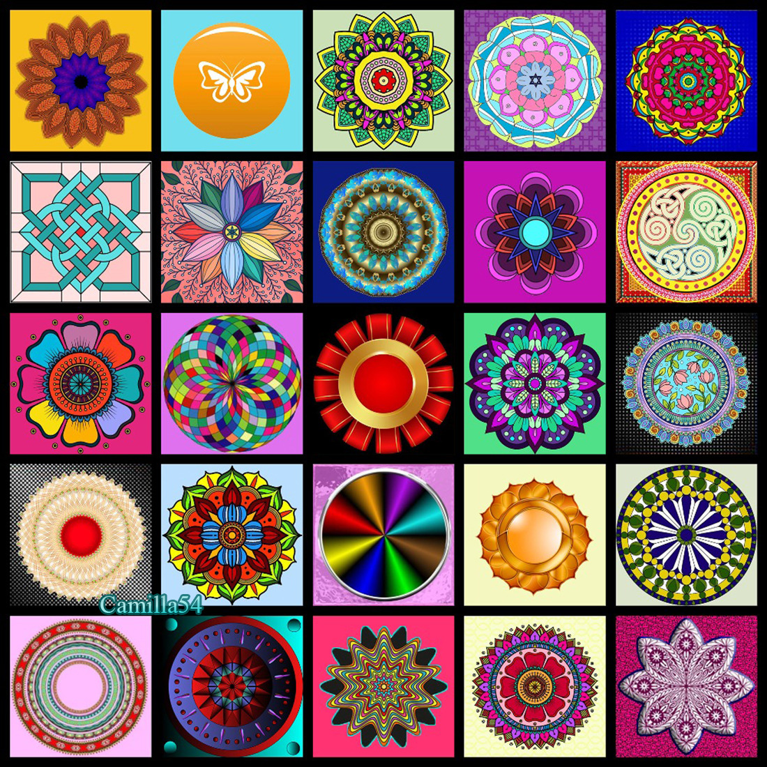 Five by five grid of colorful mandala patterns with geometric and floral designs