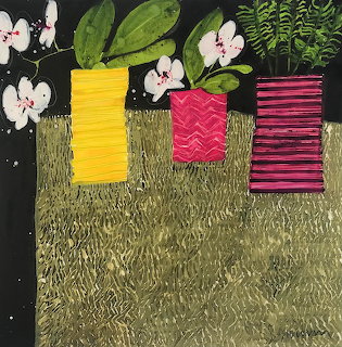 Abstract painting of white flowers and leafy plants in yellow and pink pots on a dark background