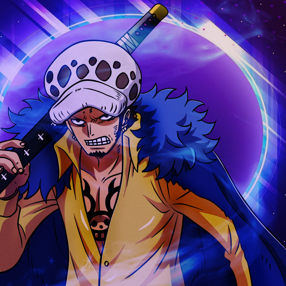 Anime character with white spotted hat holding sword against purple glowing background