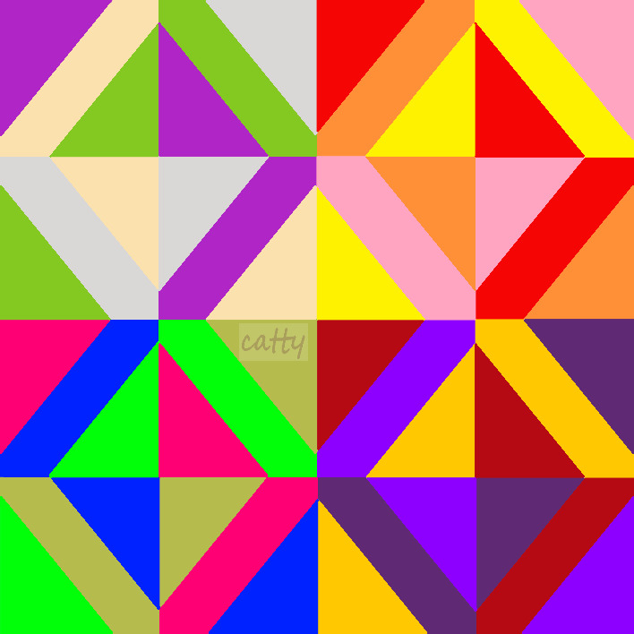Grid of colorful geometric squares with triangular shapes in pink, green, yellow, red, purple, and orange