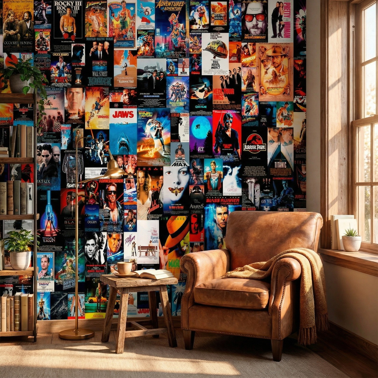 Interior room with wall covered in vintage 80s and 90s movie posters, brown leather chair by sunny window