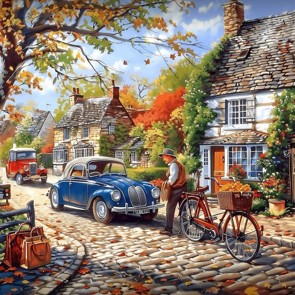 Painting of an autumn village street with cottages, a vintage blue car, and a bicycle on cobblestones