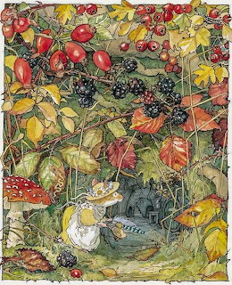 Illustration of a small mouse under blackberry brambles and autumn leaves by a tiny woodland doorway