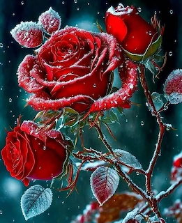 Frost-covered red roses and icy leaves on a branch against a dark background
