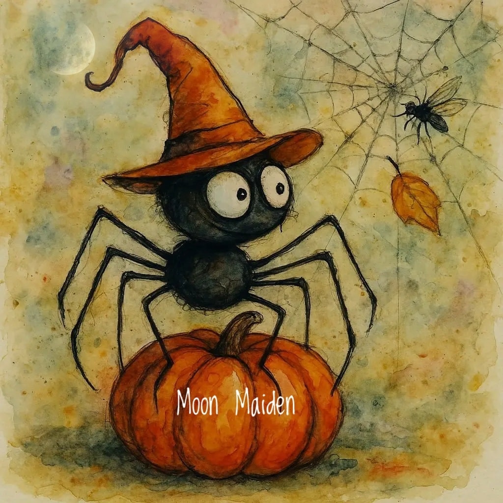 Cute cartoon black spider wearing a witch hat sitting on an orange pumpkin with spider web and fly