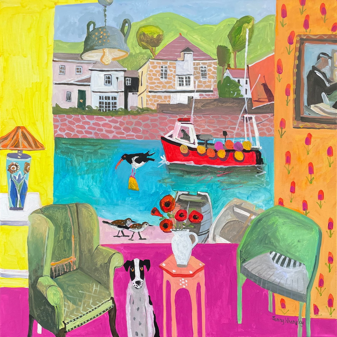 Colorful painting of an interior with green chairs, a dog, flowers, and boats outside the window