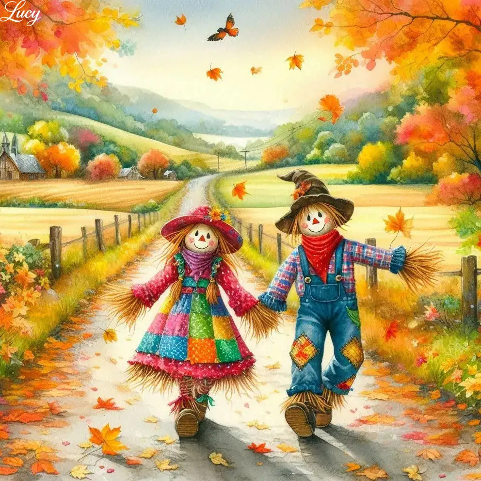 Two smiling scarecrows in colorful autumn clothing walking together on a rural path with fall leaves and pumpkins