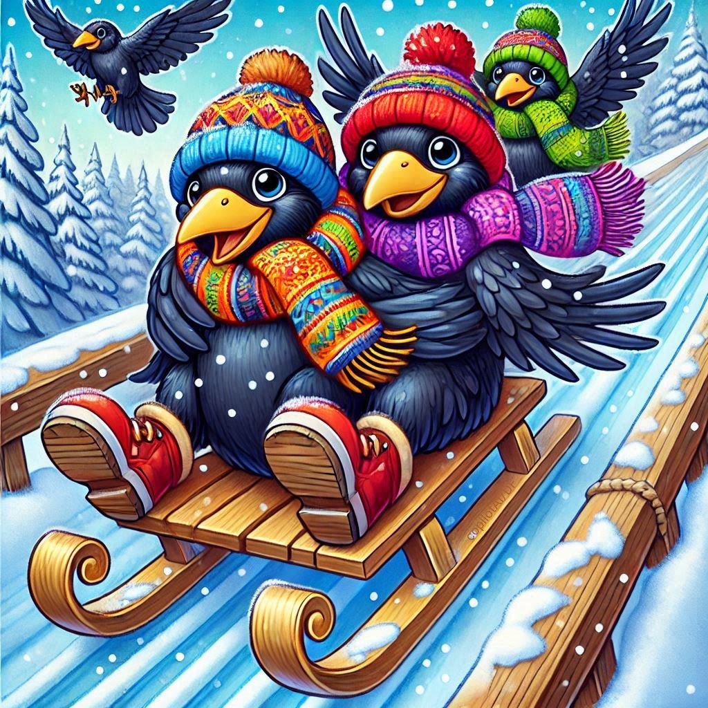 Three cartoon blackbirds in winter clothing sledding down a snowy hill