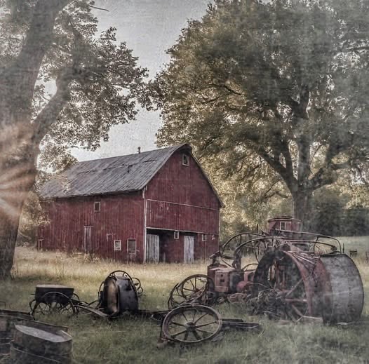 Old Red Barn with Vintage Tractors