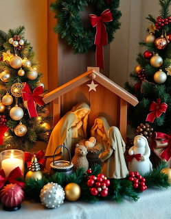 Christmas nativity scene with ceramic figurines surrounded by decorated trees, ornaments, red bows, and a candle