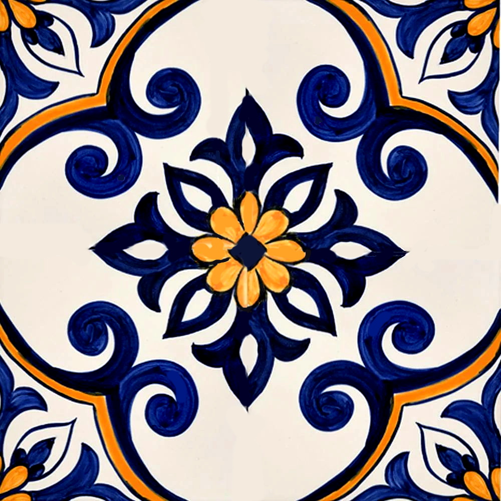 Portuguese tile pattern in blue and orange with floral and scroll designs on white
