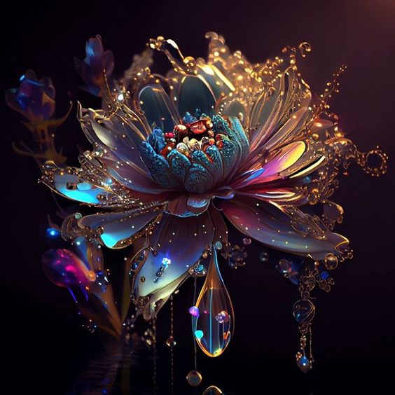 Glowing fantasy flower with iridescent petals and golden sparkling droplets on a dark background