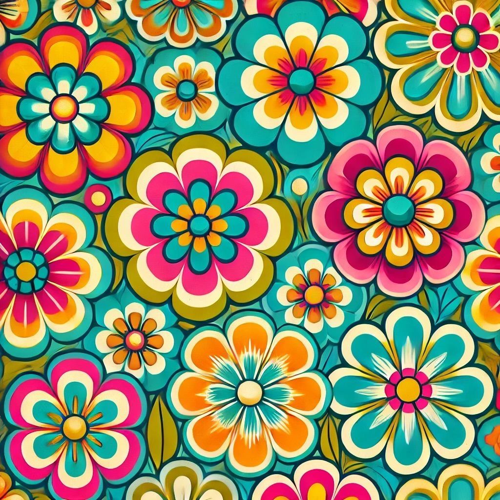 Colorful retro floral pattern with layered flowers in pink, orange, yellow, blue, and white