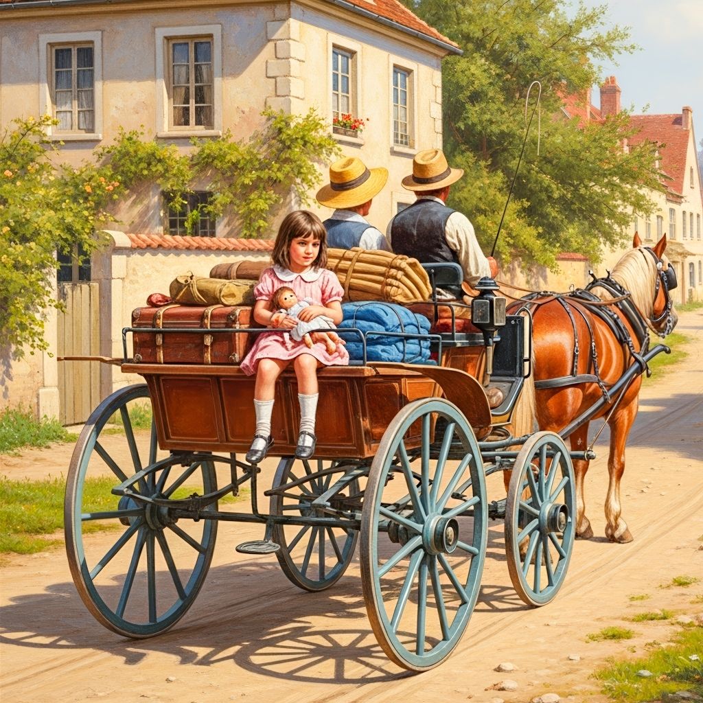 Girl and driver on horse-drawn carriage in sunny village street with historic stone buildings