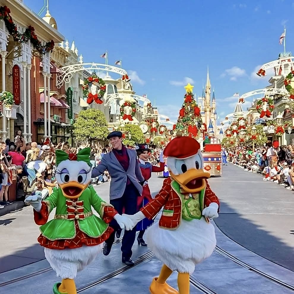 Donald and Daisy Duck in Christmas costumes performing in front of decorated castle at Disney theme park