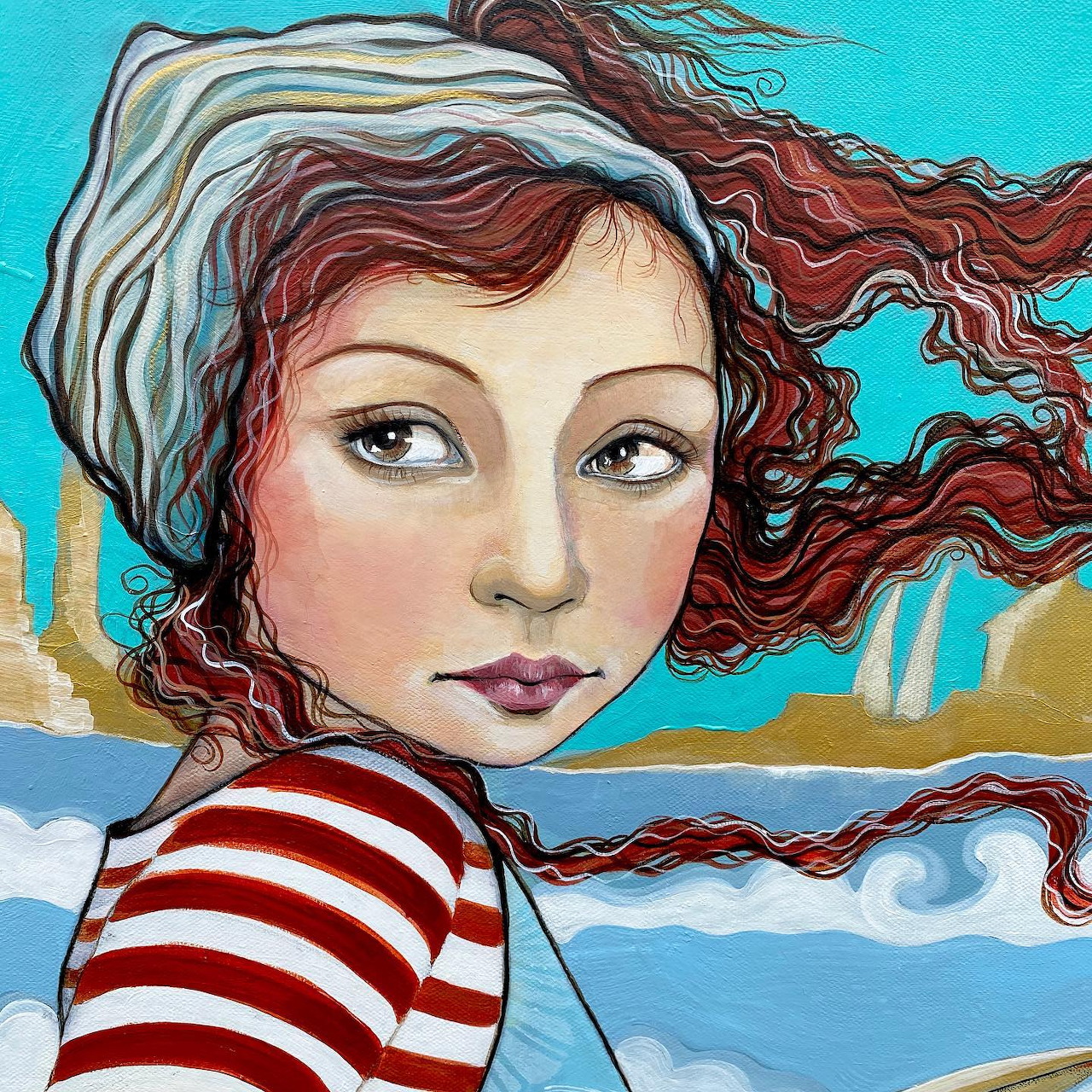 Painting of woman with long red hair in striped shirt by the sea
