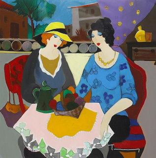 Painting of two women in hats sitting at a cafe table with fruit basket in Mediterranean setting