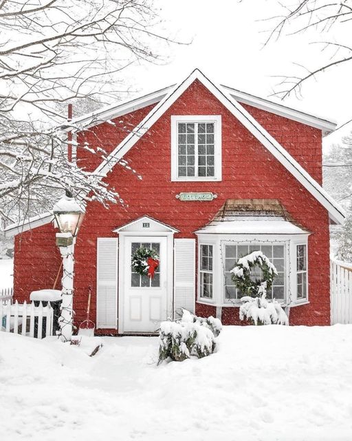 Red Christmas house with snow, lights, and pine trees at night