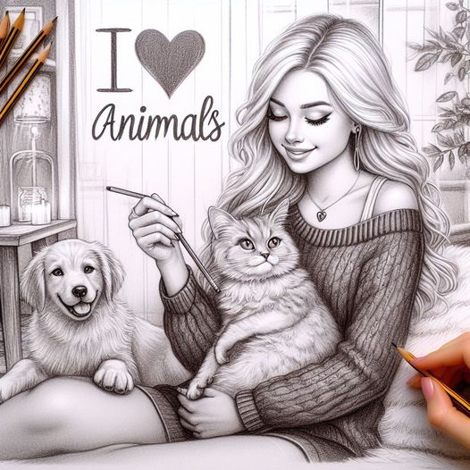 Black-and-white drawing of a young woman holding a cat with a dog beside her