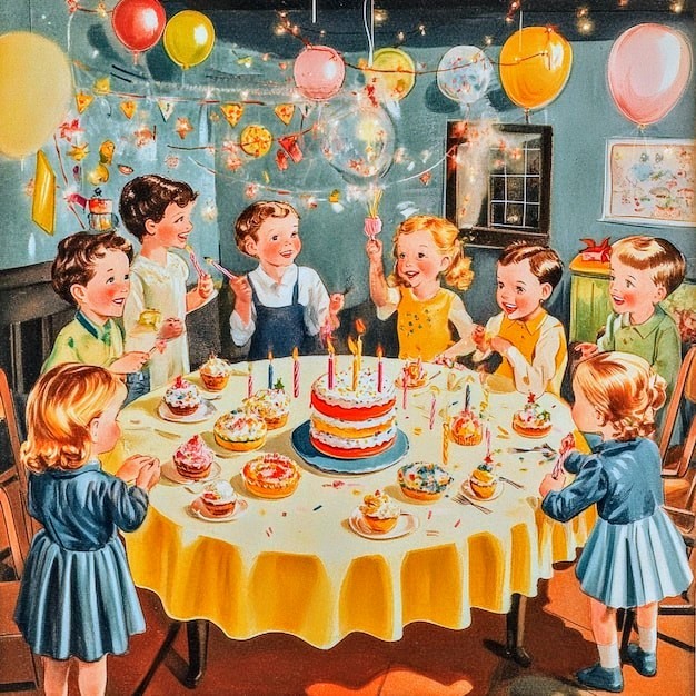 Children celebrating birthday party with cake and balloons in vintage illustration style