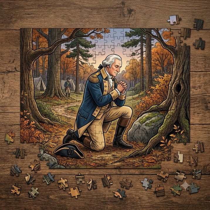 Jigsaw puzzle showing George Washington kneeling in prayer in a forest, with loose pieces on a wooden table
