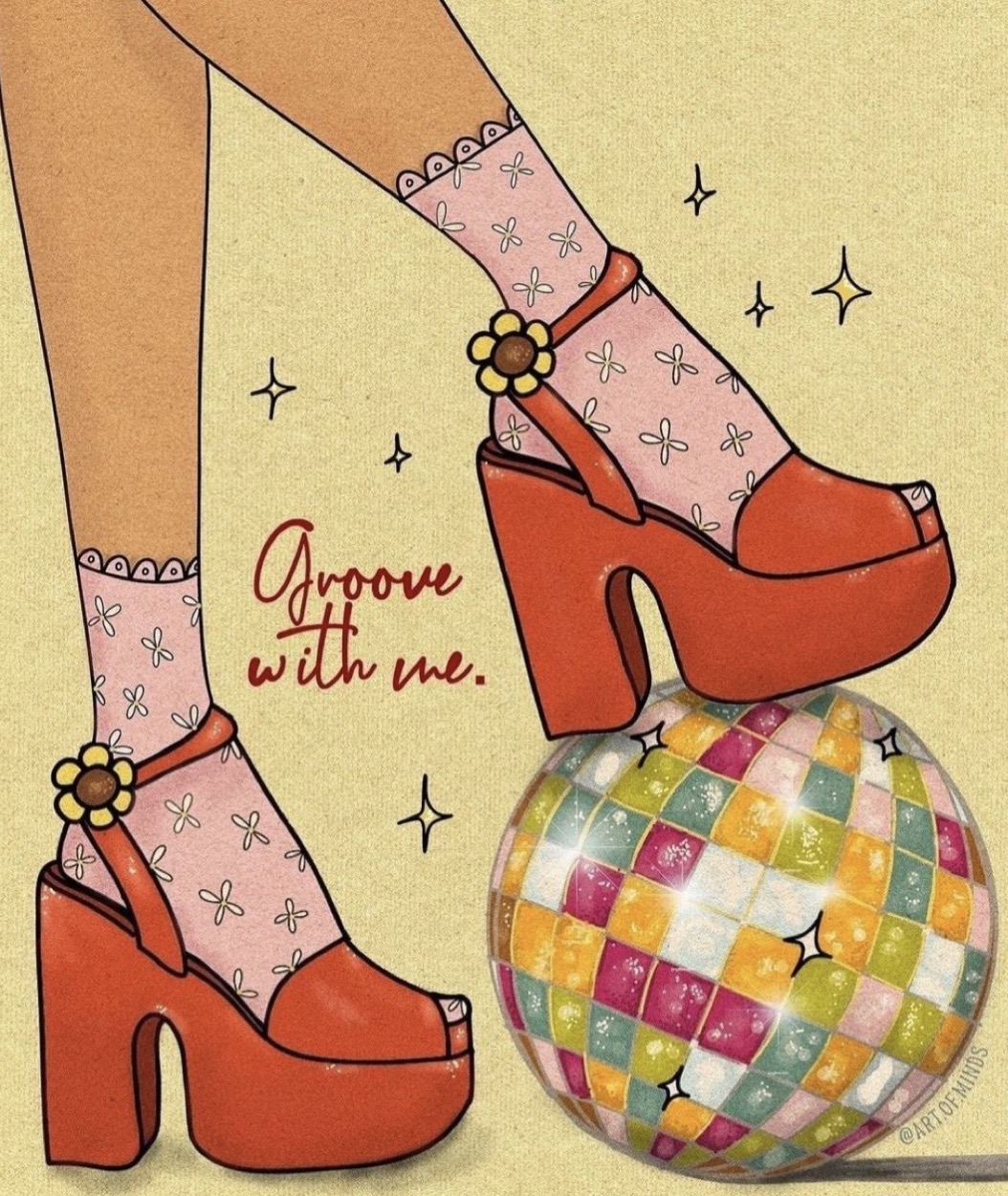 Illustration of orange platform shoes with floral socks on a colorful disco ball, retro 70s style