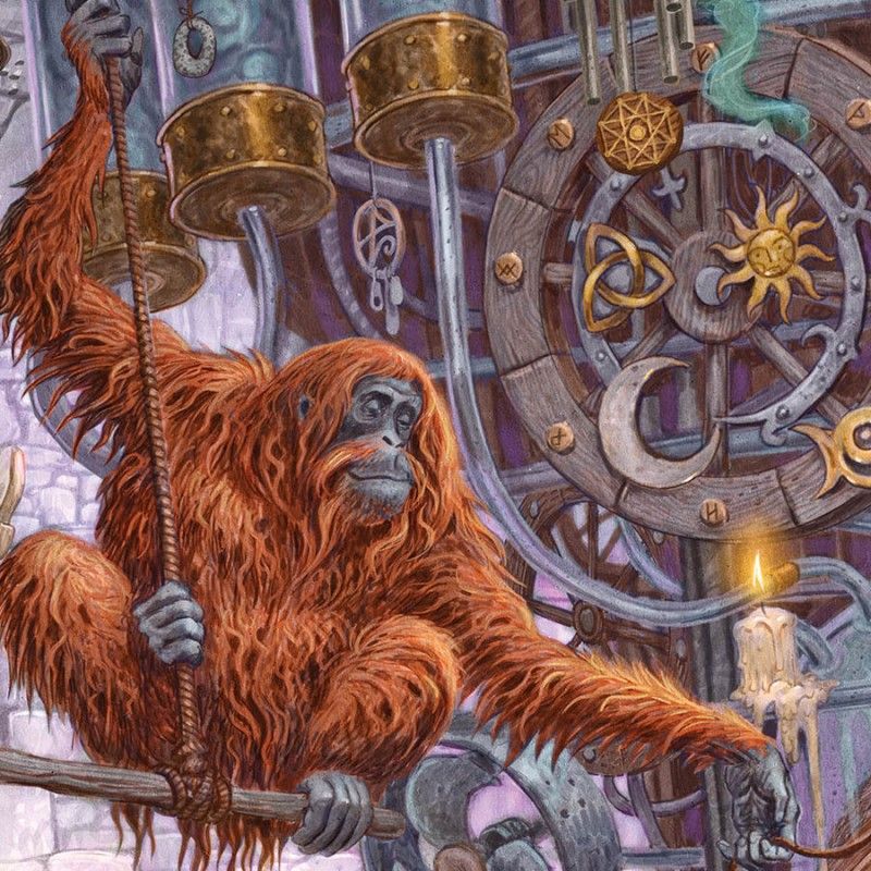 Orange orangutan with long fur sits in elaborate gothic library surrounded by brass pipes and ornate mechanical decorations