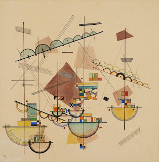 Abstract geometric composition with lines, circles, and architectural shapes in earth tones