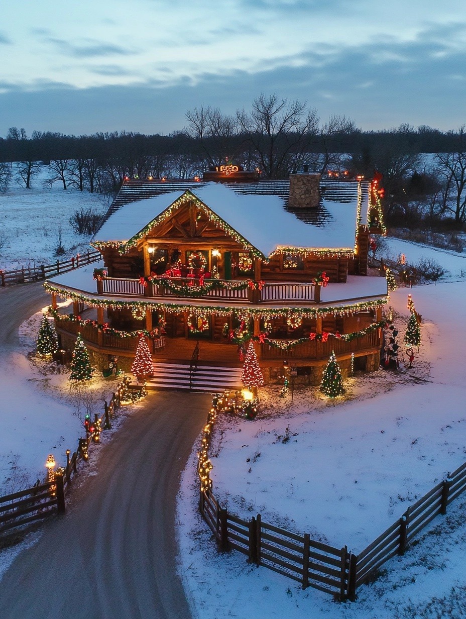 Aerial view of a snow-covered farmhouse decorated with Christmas lights and trees at dusk