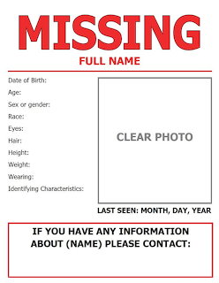 Missing person poster template with blank fields for name, description, photo, and contact information