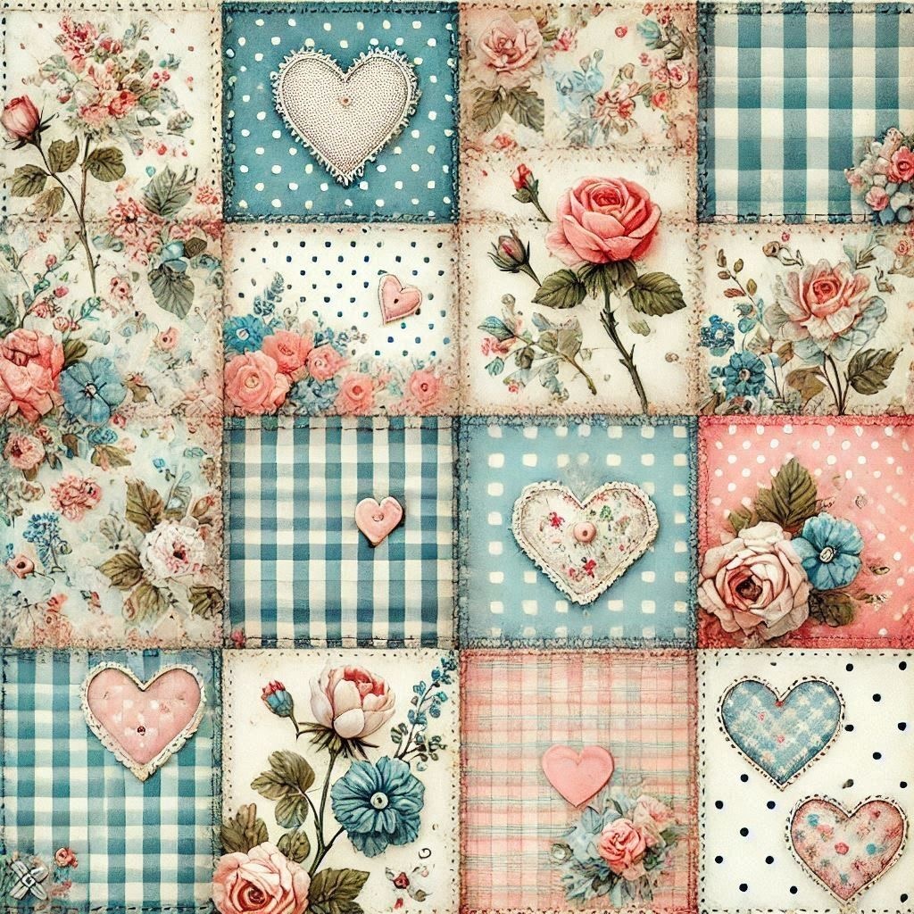 Patchwork quilt pattern with floral roses, gingham, polka dots, and heart motifs in vintage shabby chic style