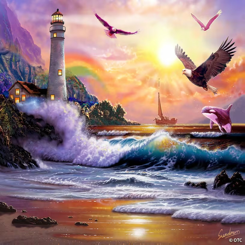 Painting of a lighthouse by the sea with waves, rainbow, birds, and a sailboat at sunset