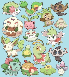 Grid of cartoon grass-type Pokemon characters illustrated in cute chibi style on light blue background